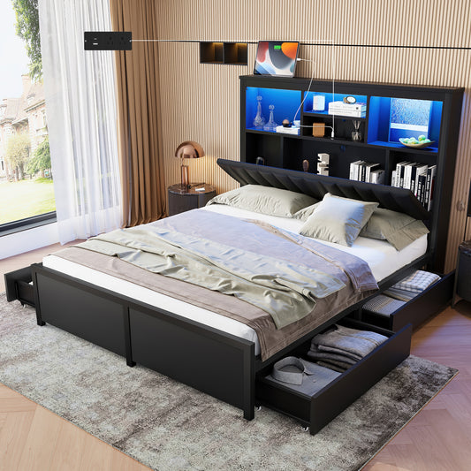 Queen Bed Frame with High Storage Headboard,  Bed Frame with  LED light and Charging Station , 4 Storage Drawers , No Box Spring Needed/Noise Free/All-Metal Support, Black