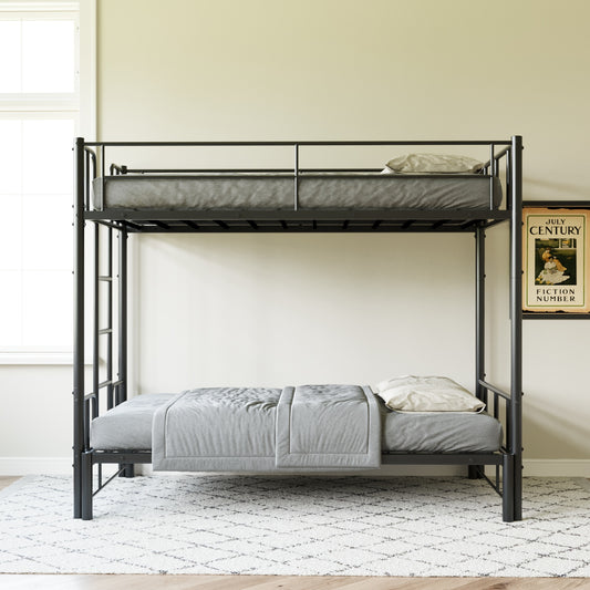 Twin Size Metal Pull-Out Bunk Bed with Guardrail and Built-In Ladder, Space-Saving Convertible Frame for Bedroom, Black