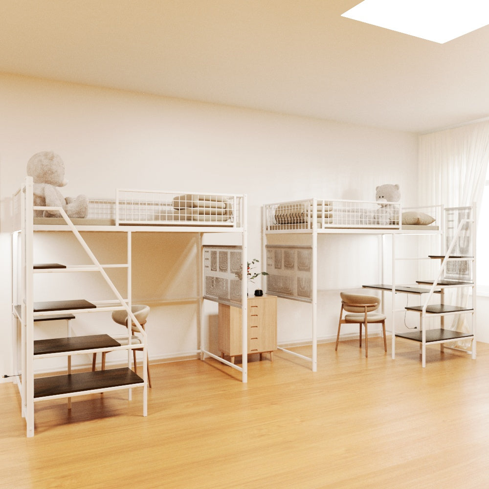 Twin Loft Bed with Desk - White Metal Frame for Bedroom