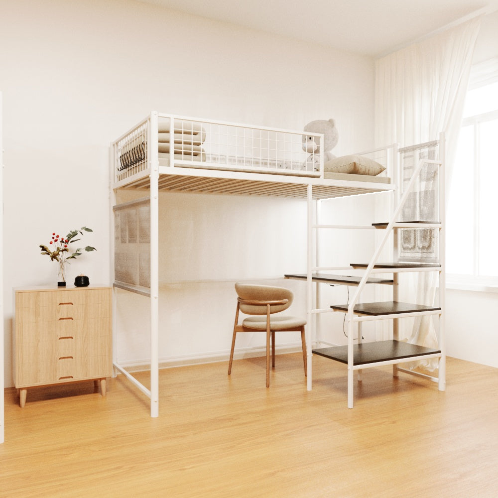 Twin Loft Bed with Desk - White Metal Frame for Bedroom