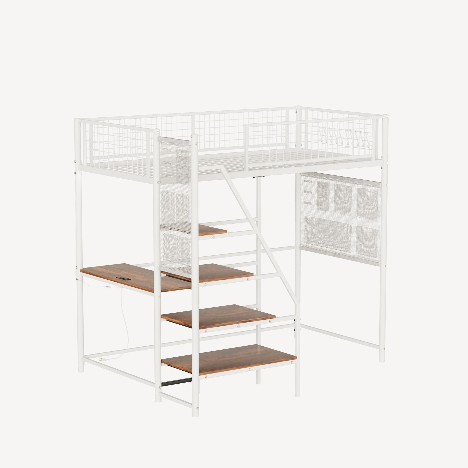 Twin Loft Bed with Desk - White Metal Frame for Bedroom