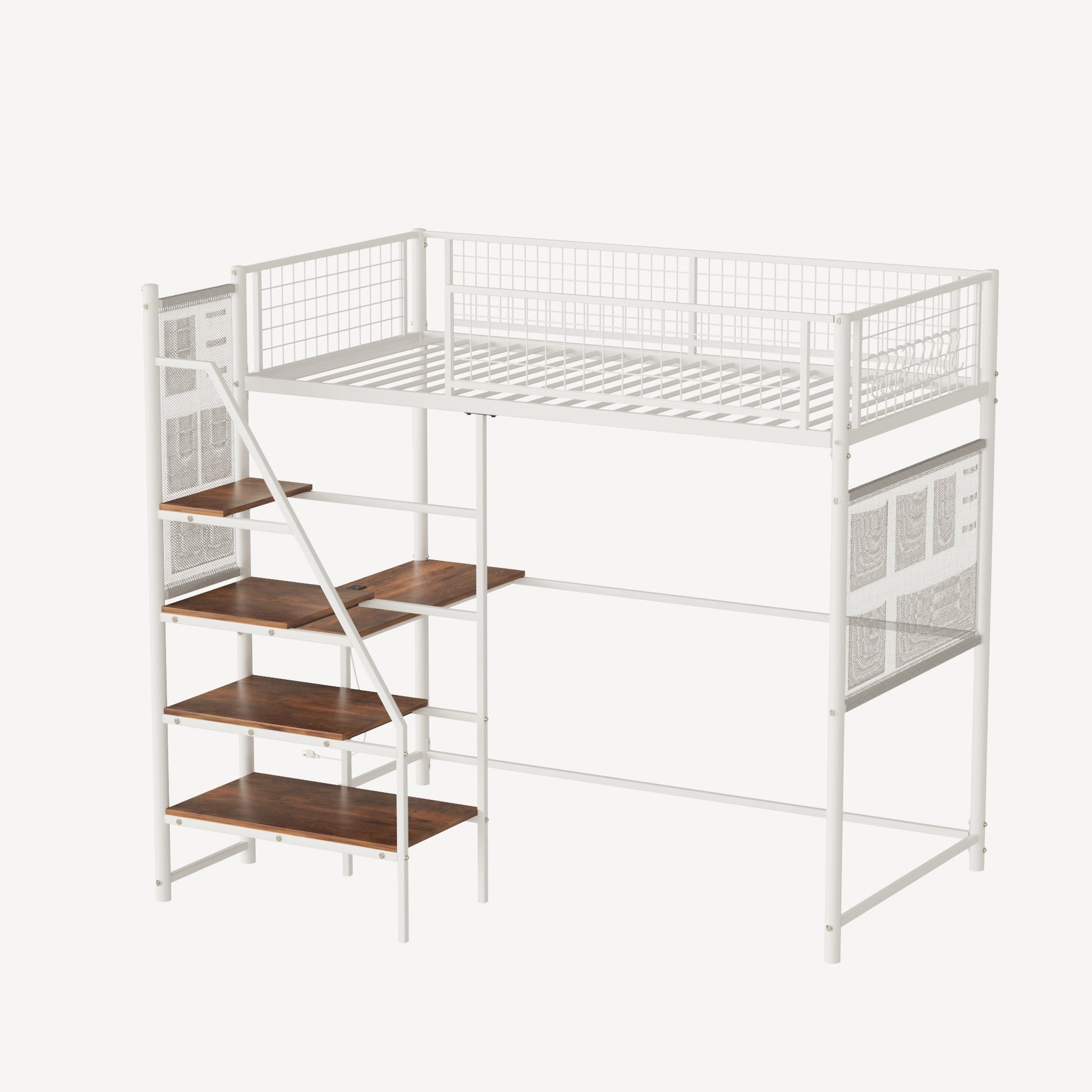 Twin Loft Bed with Desk - White Metal Frame for Bedroom
