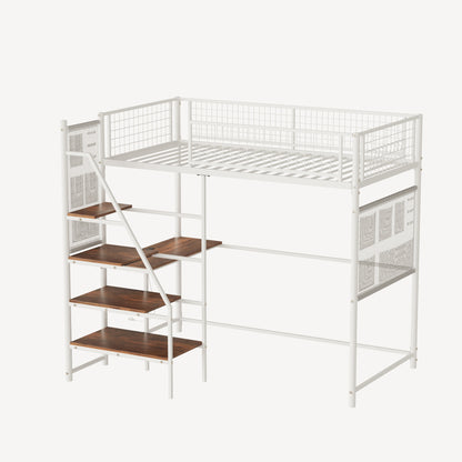 Twin Loft Bed with Desk - White Metal Frame for Bedroom