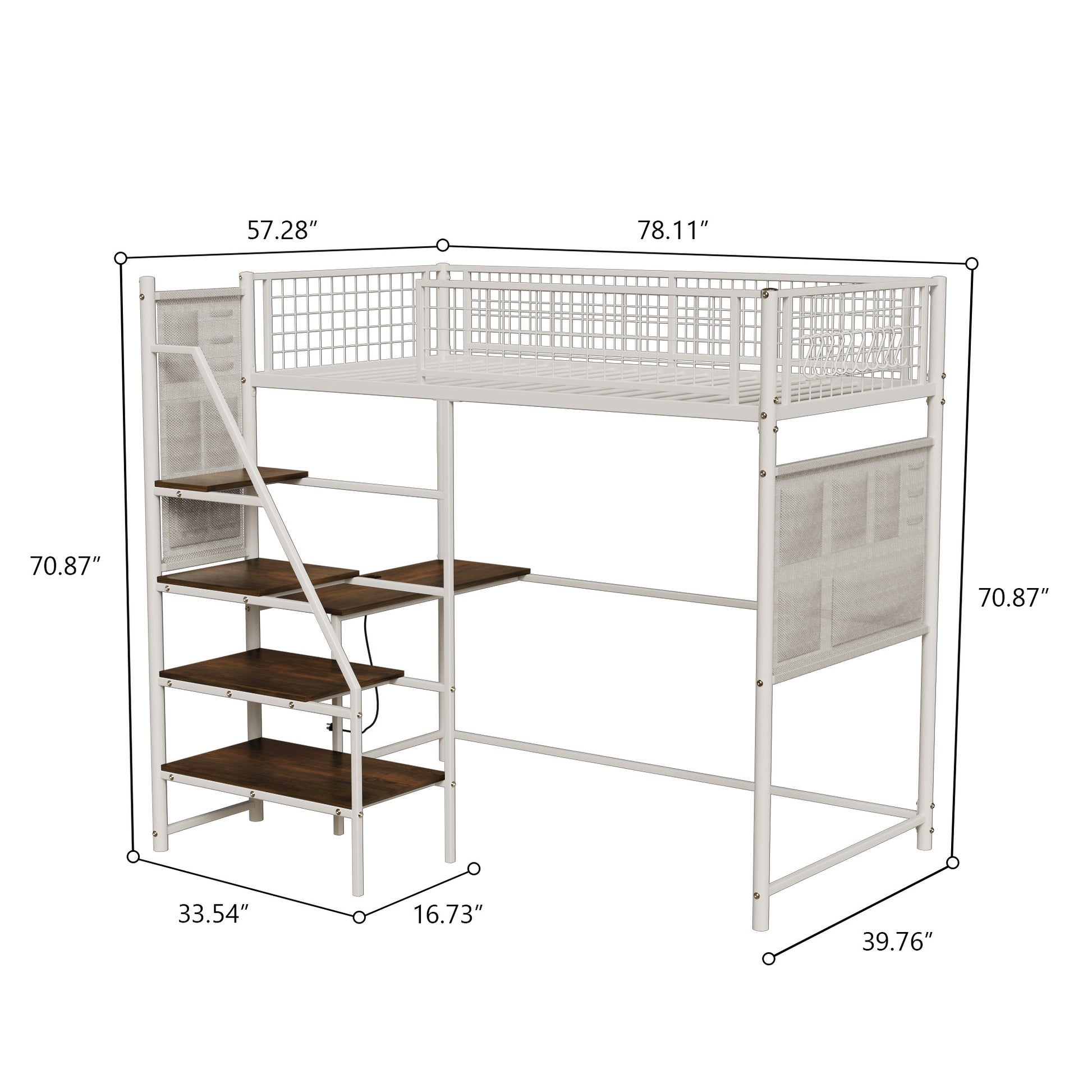Twin Loft Bed with Desk - White Metal Frame for Bedroom