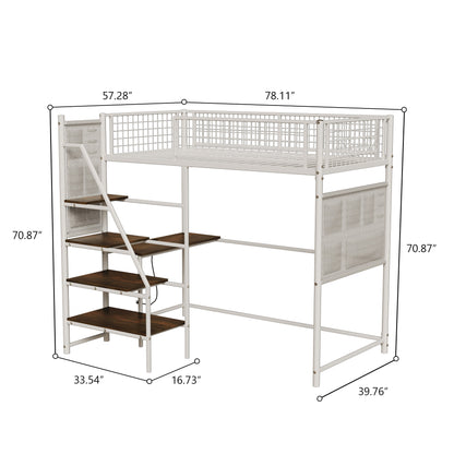 Twin Loft Bed with Desk - White Metal Frame for Bedroom