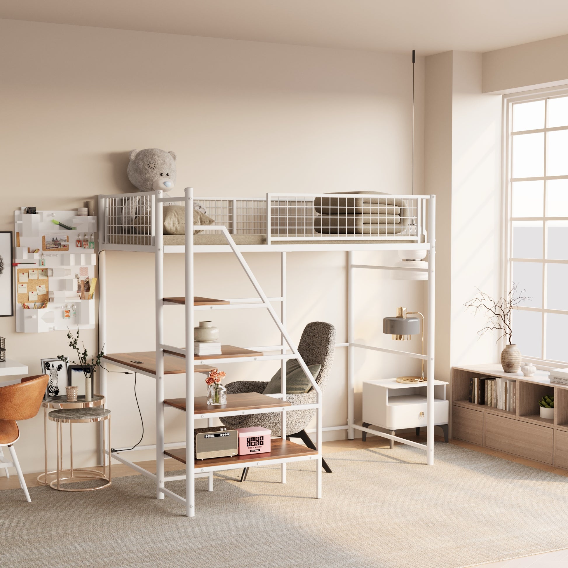 Twin sized loft metal bed with white for bedroom and dormitory, with built-in charging station and LED lighting