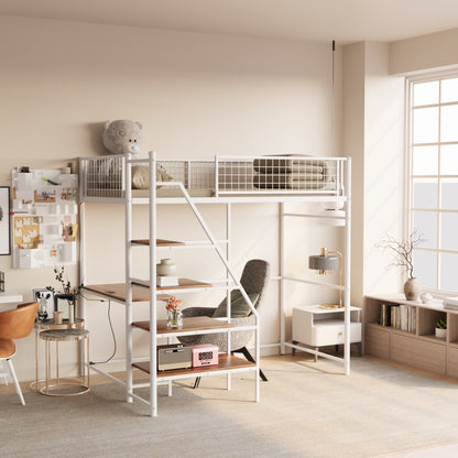 Twin sized loft metal bed with white for bedroom and dormitory, with built-in charging station and LED lighting