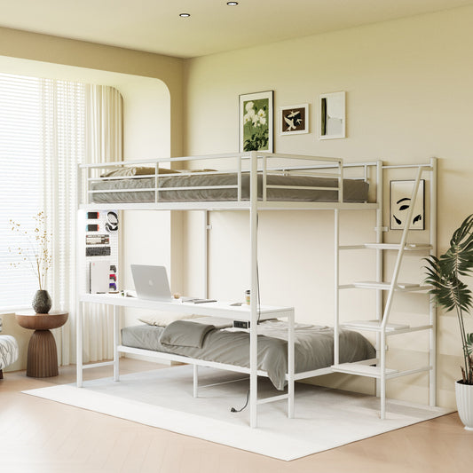 White full size bunk bed with twin size, LED light and charging socket