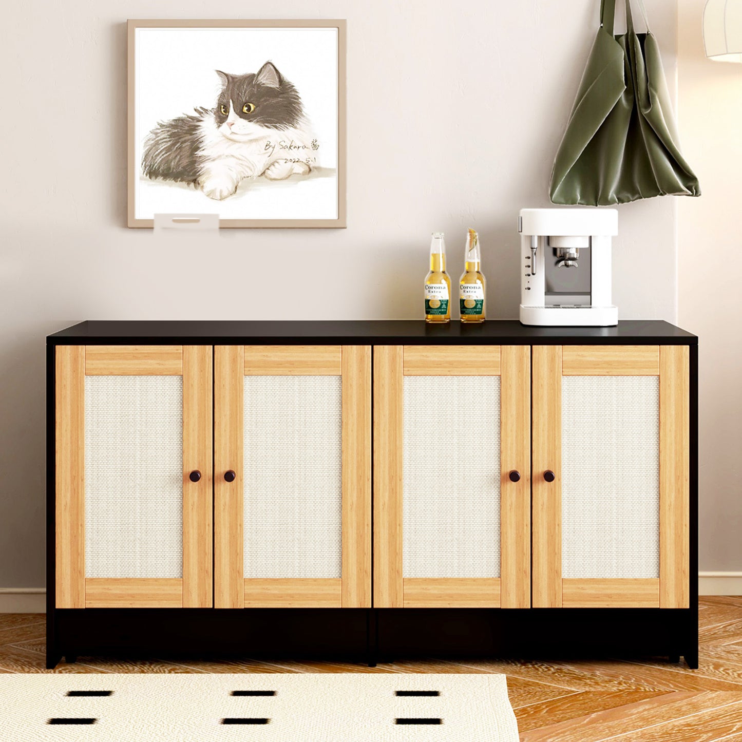 Double Litter Box Enclosure,Cat Litter Box Enclosure for 2 Cats, Hidden Litter Box Furniture with Rattan Doors, 47" L x 19.8" W x 21.8" H,Black