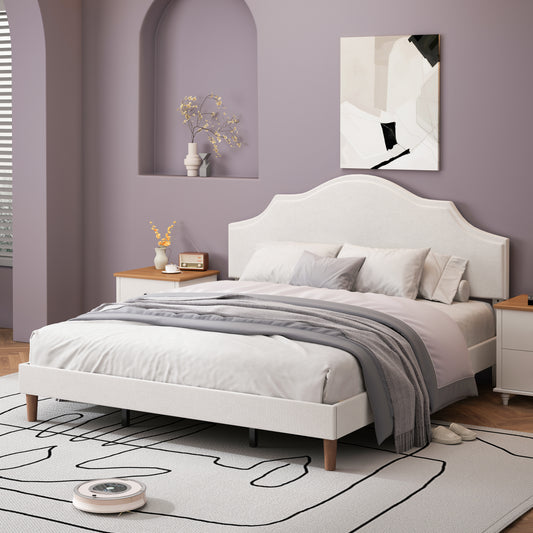 King Size Bed Frame Upholstered Platform Bed with Adjustable Headboard,Linen Fabric Padded,Modern Simple Style Platform Bed No Box Spring Needed, Easy Assembly, White