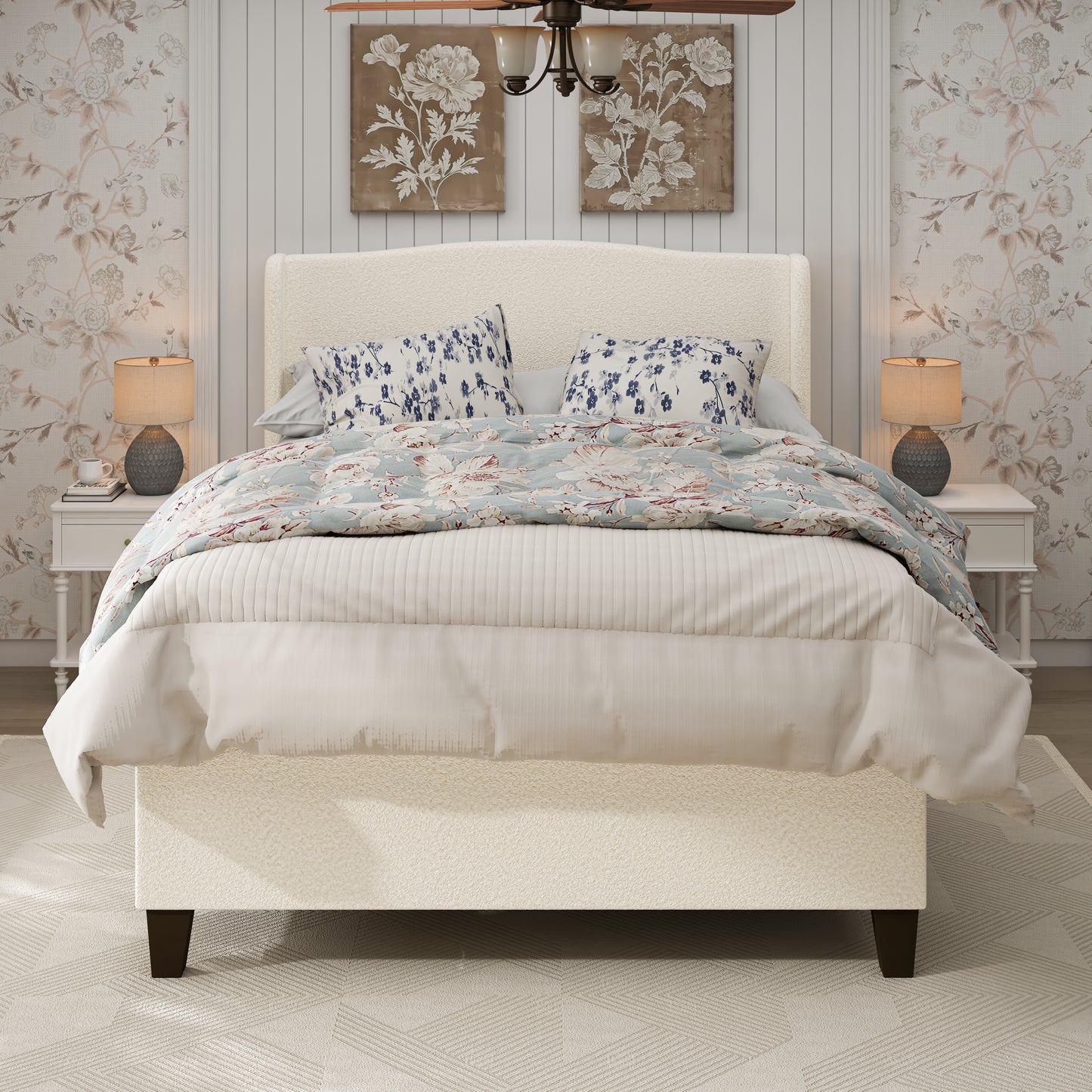 Queen Size White Bed Frame with Upholstered Headboard