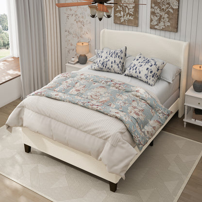 Queen Size White Bed Frame with Upholstered Headboard