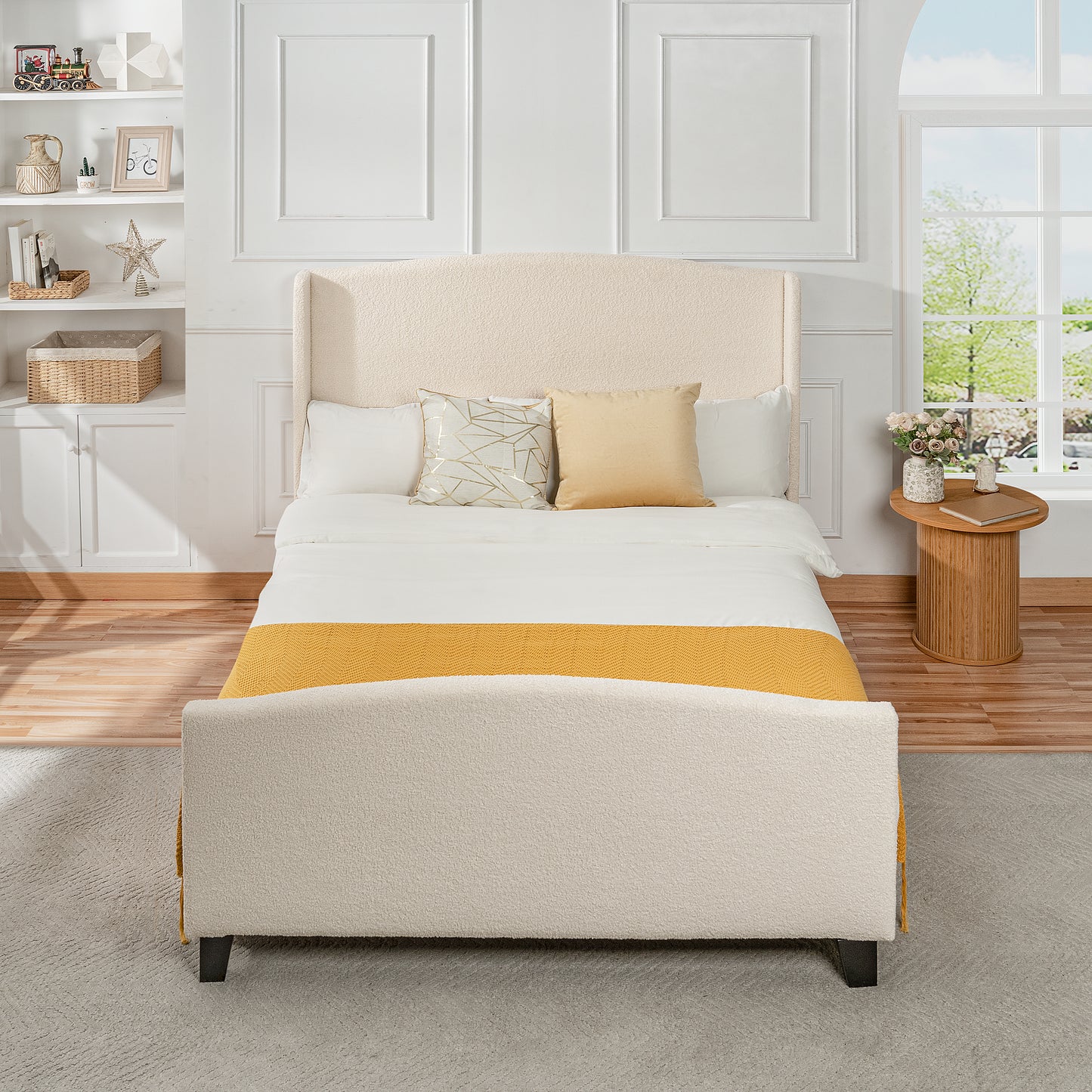 Queen Size White Bed Frame with Upholstered Headboard