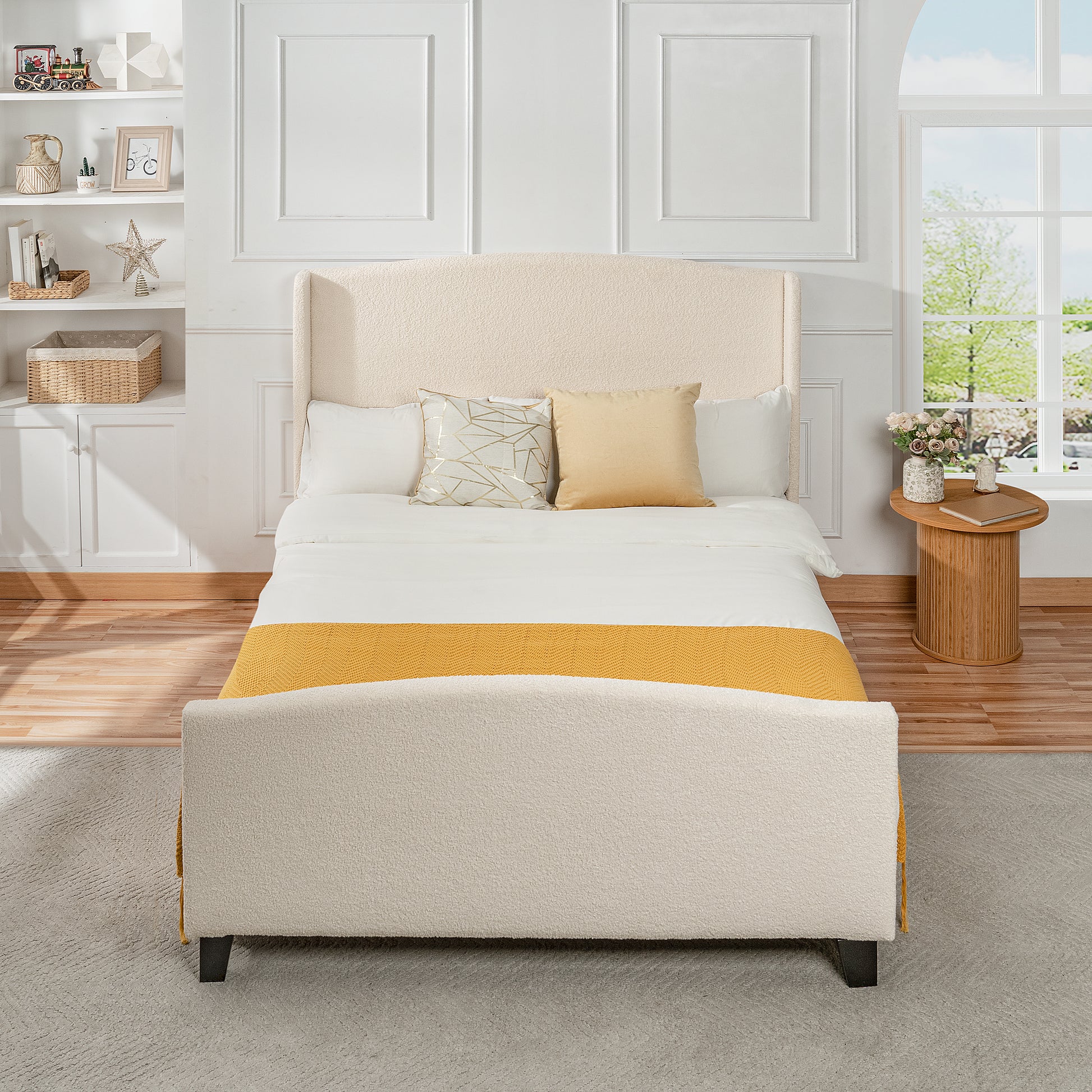 Queen Size White Bed Frame with Upholstered Headboard