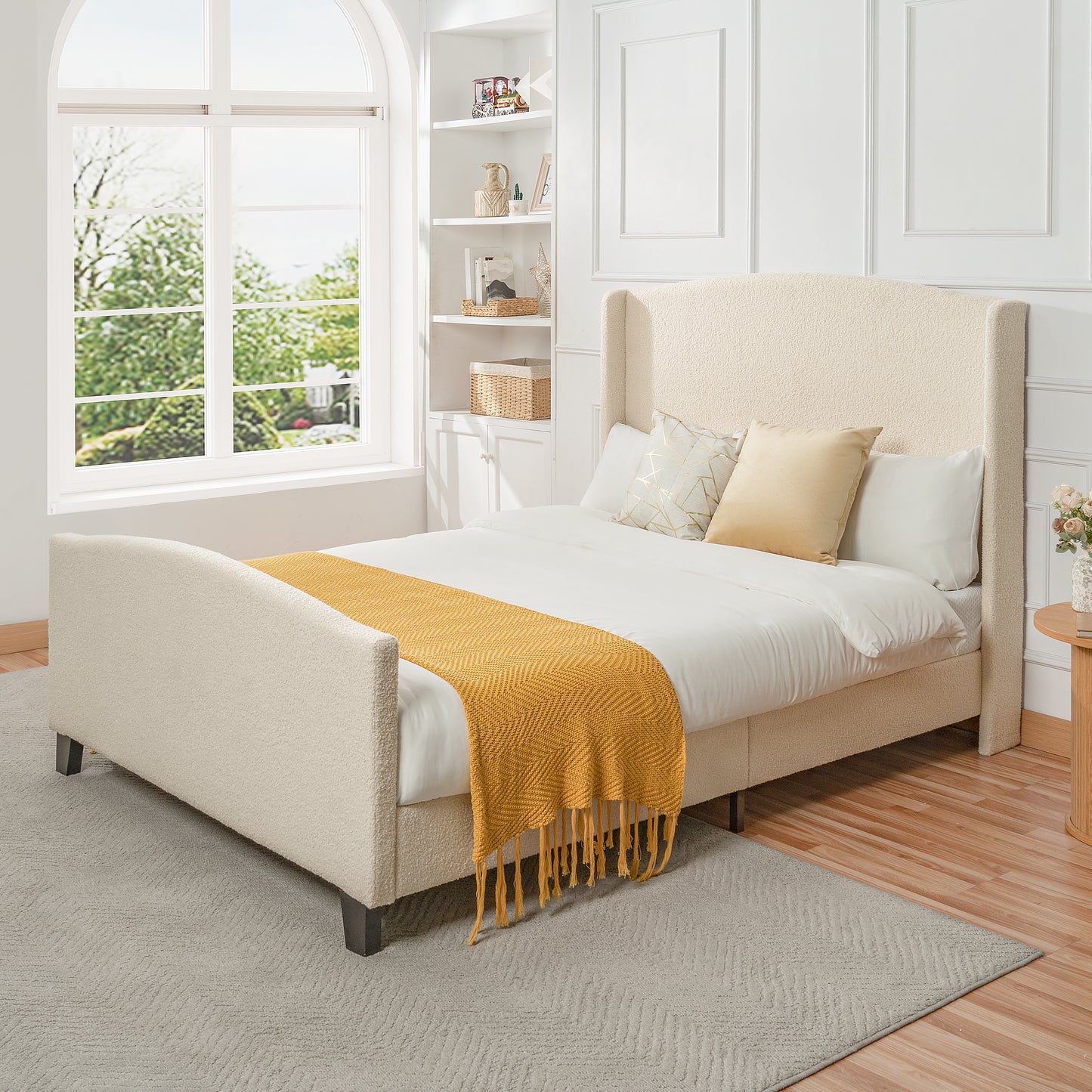 Queen Size White Bed Frame with Upholstered Headboard