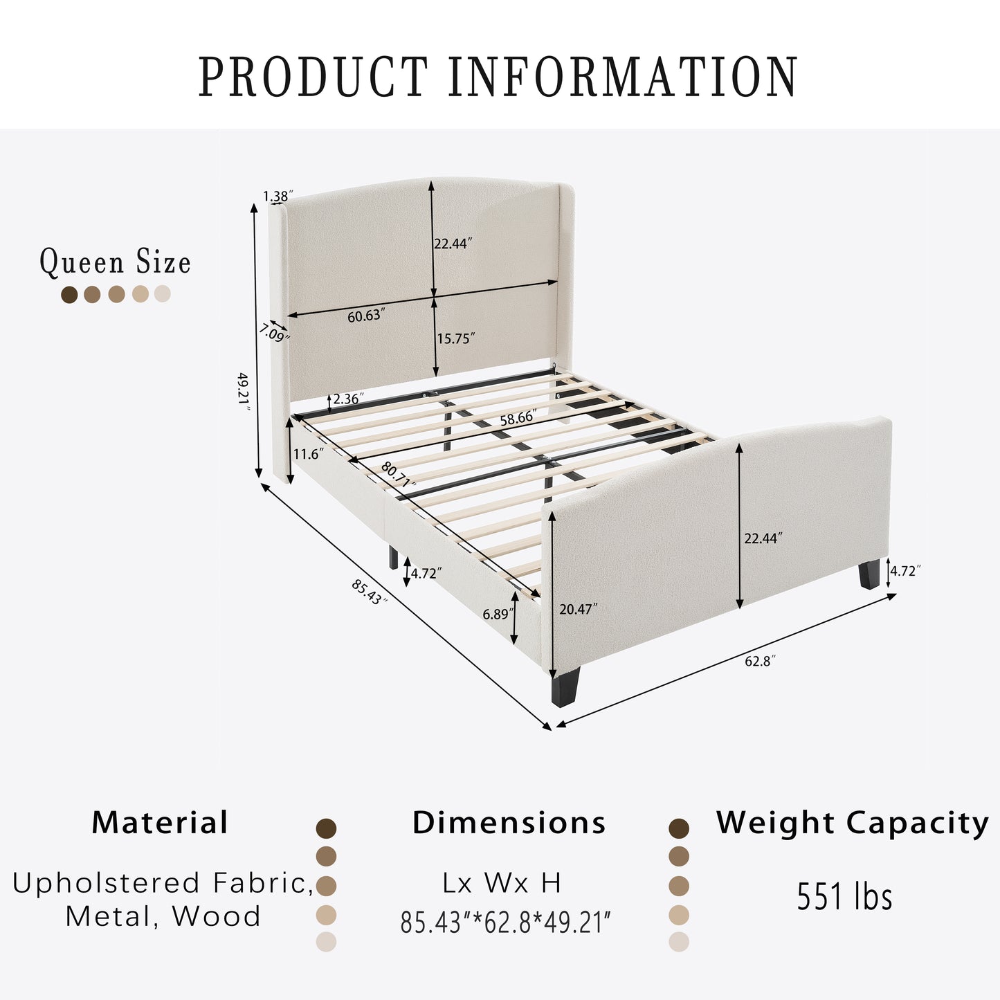 Queen Size White Bed Frame with Upholstered Headboard