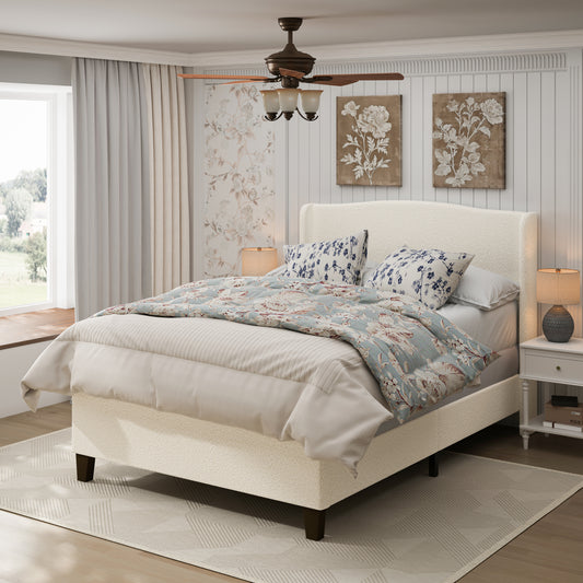 Queen Size Bed Frame with 49.21"High Back Upholstered Headboard and 27.17" High Footboard,Teddy Velvet,12 Slat Support,Solid Wood Feet,No Box Spring Needed(white)