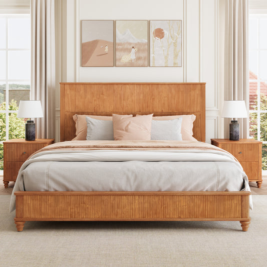 Solid Wood Bed Frame,King Platform Bed Frame with Headboard,Tall Headboard Natural Wood Bed ,No Box Spring Needed,Natural
