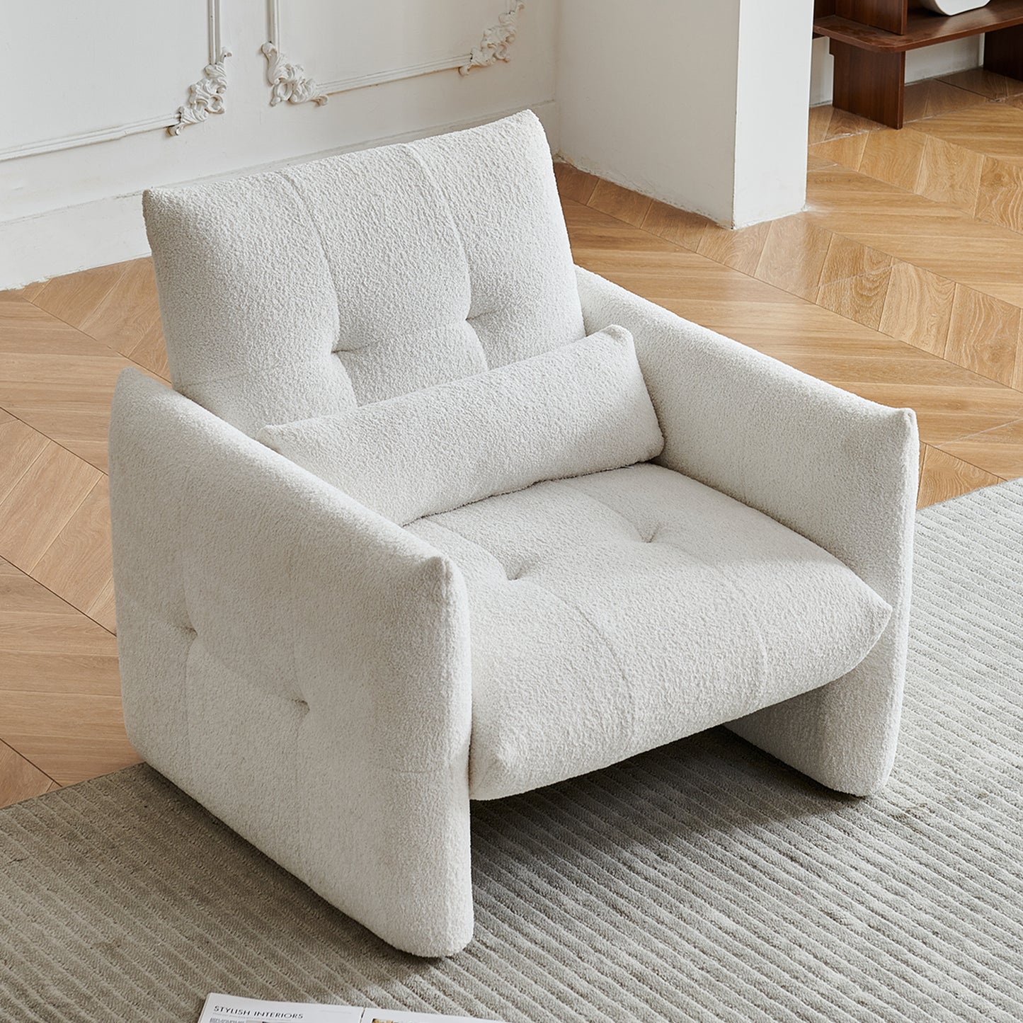 Ergonomic Sturdy Solid Wood Tufted Boucle Accent Chair, Easy Assembly Comfy Supportive Armchair with Lumbar Pillow, Perfect for Small Spaces Living Room Bedroom Office