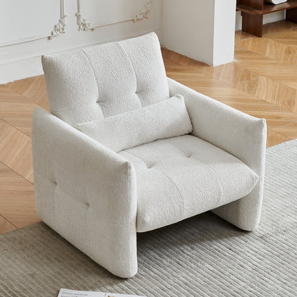 Ergonomic Sturdy Solid Wood Tufted Boucle Accent Chair, Easy Assembly Comfy Supportive Armchair with Lumbar Pillow, Perfect for Small Spaces Living Room Bedroom Office