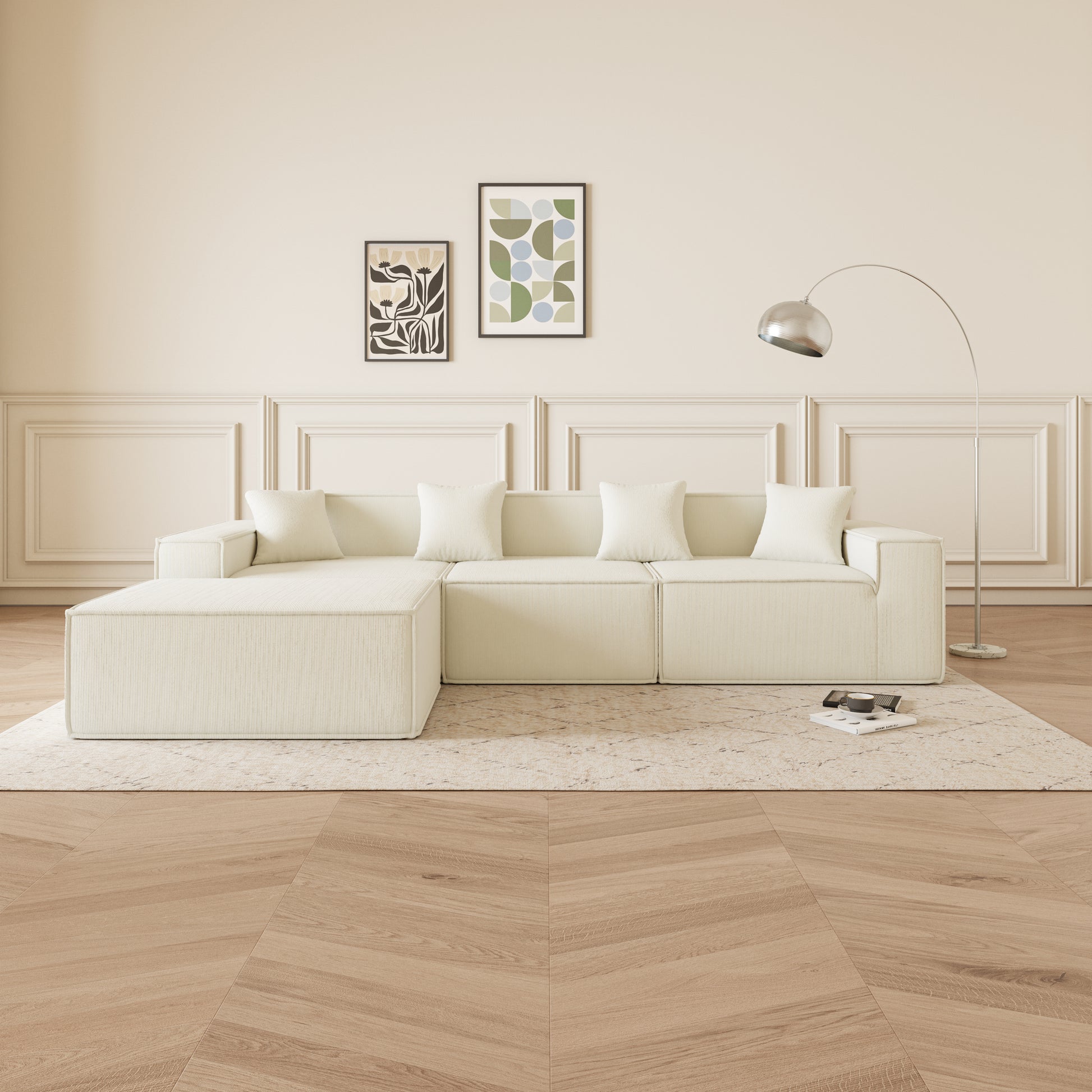 Beige Corduroy Modular Sofa - 3 Seat Apartment Sofa for Living Room