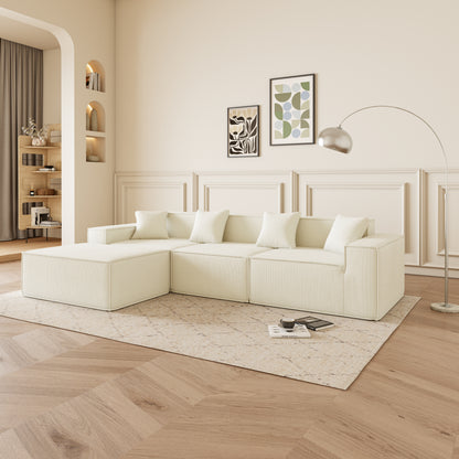 Beige Corduroy Modular Sofa - 3 Seat Apartment Sofa for Living Room