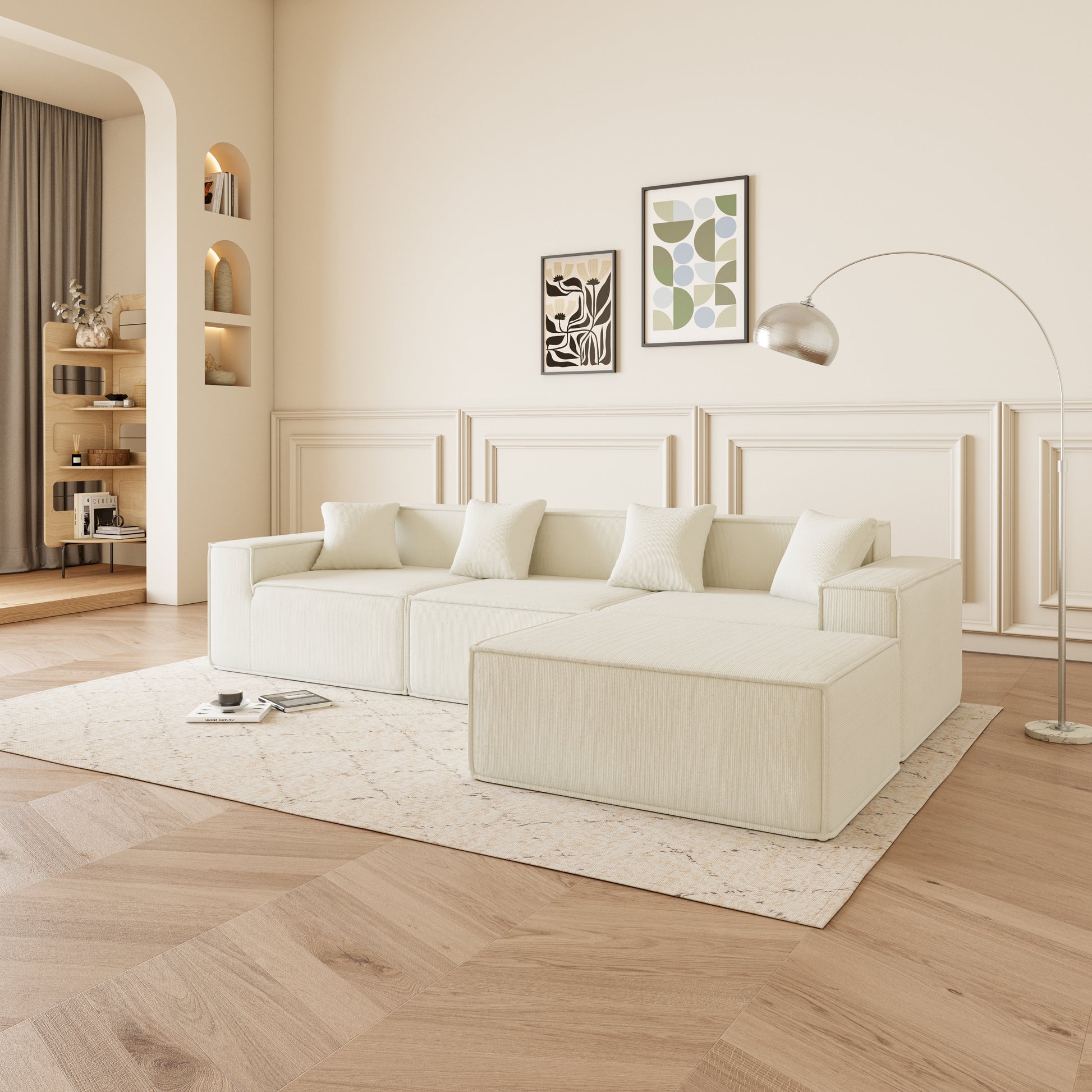 Beige Corduroy Modular Sofa - 3 Seat Apartment Sofa for Living Room