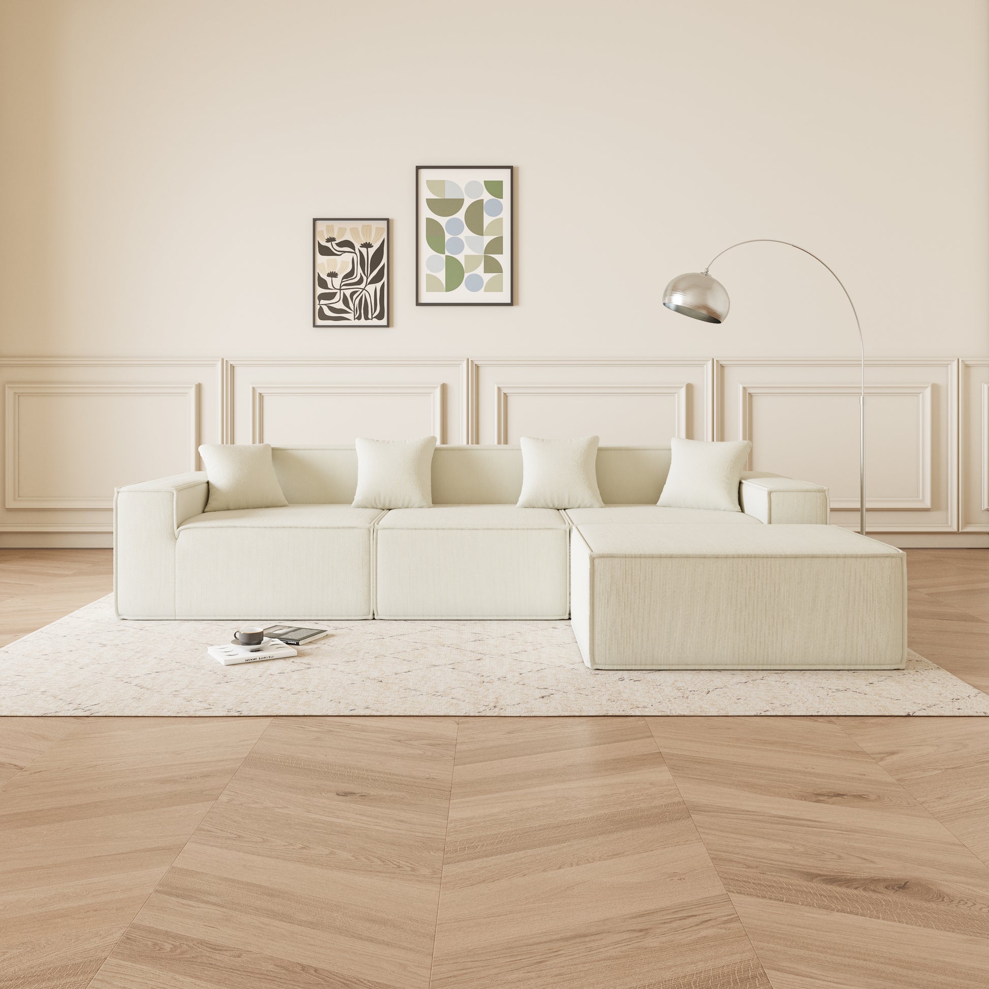 Beige Corduroy Modular Sofa - 3 Seat Apartment Sofa for Living Room