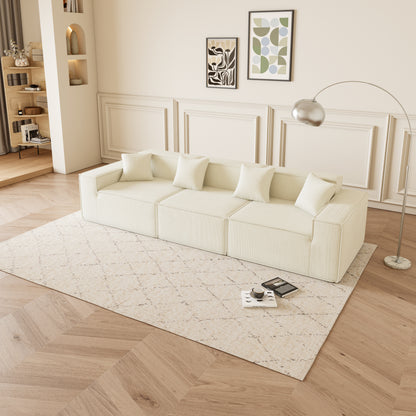 Beige Corduroy Modular Sofa - 3 Seat Apartment Sofa for Living Room