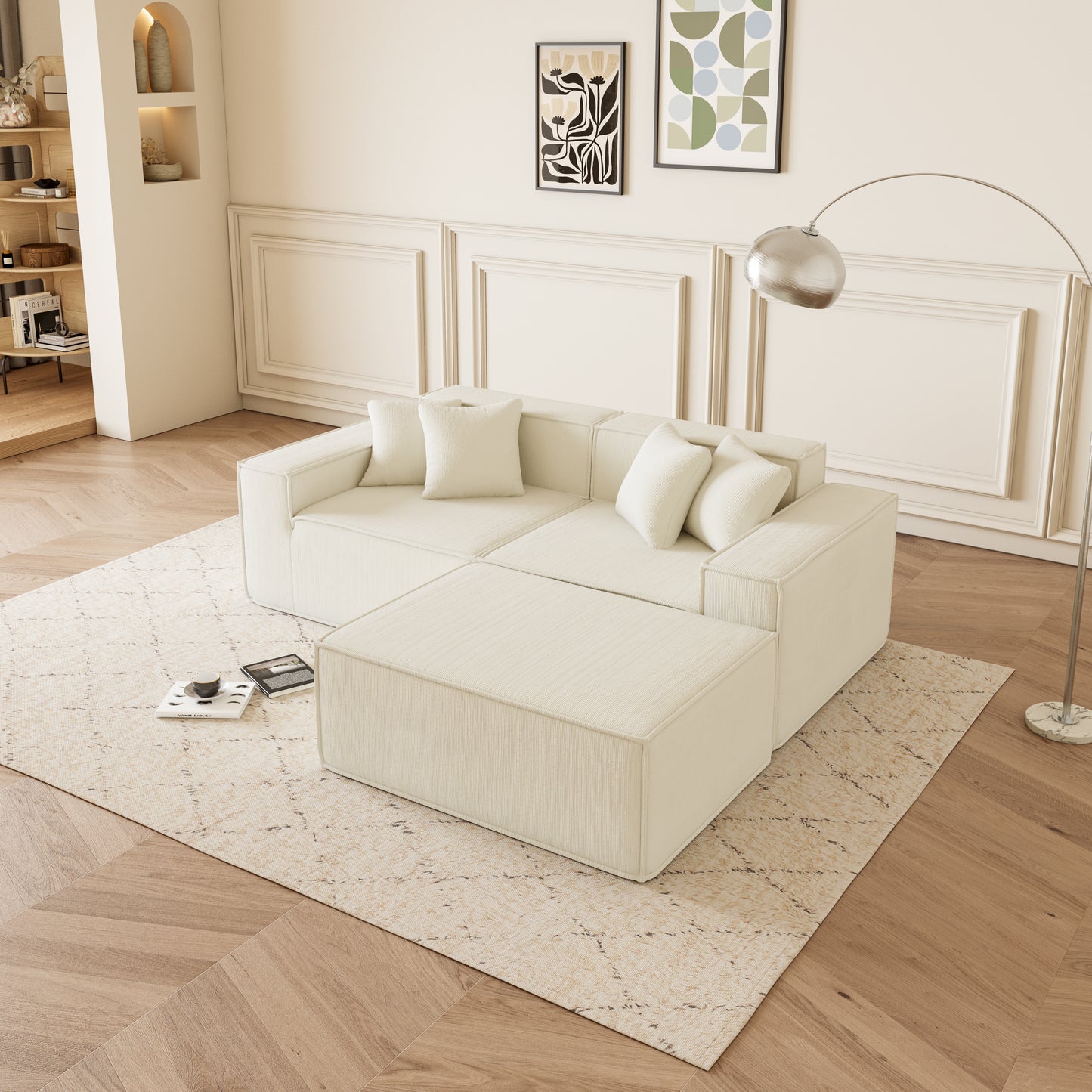 Beige Corduroy Modular Sofa - 3 Seat Apartment Sofa for Living Room