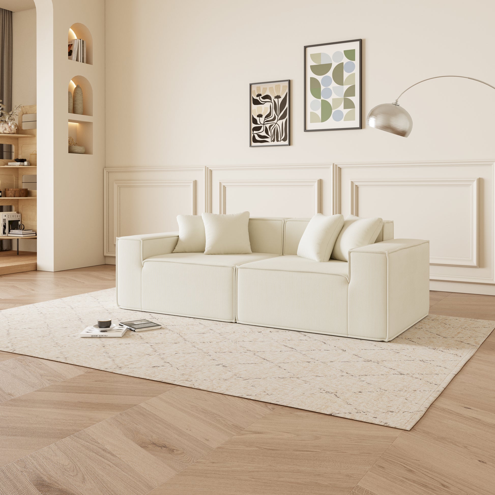 Beige Corduroy Modular Loveseat - 2 Seat Sofa for Small Spaces for Living Room