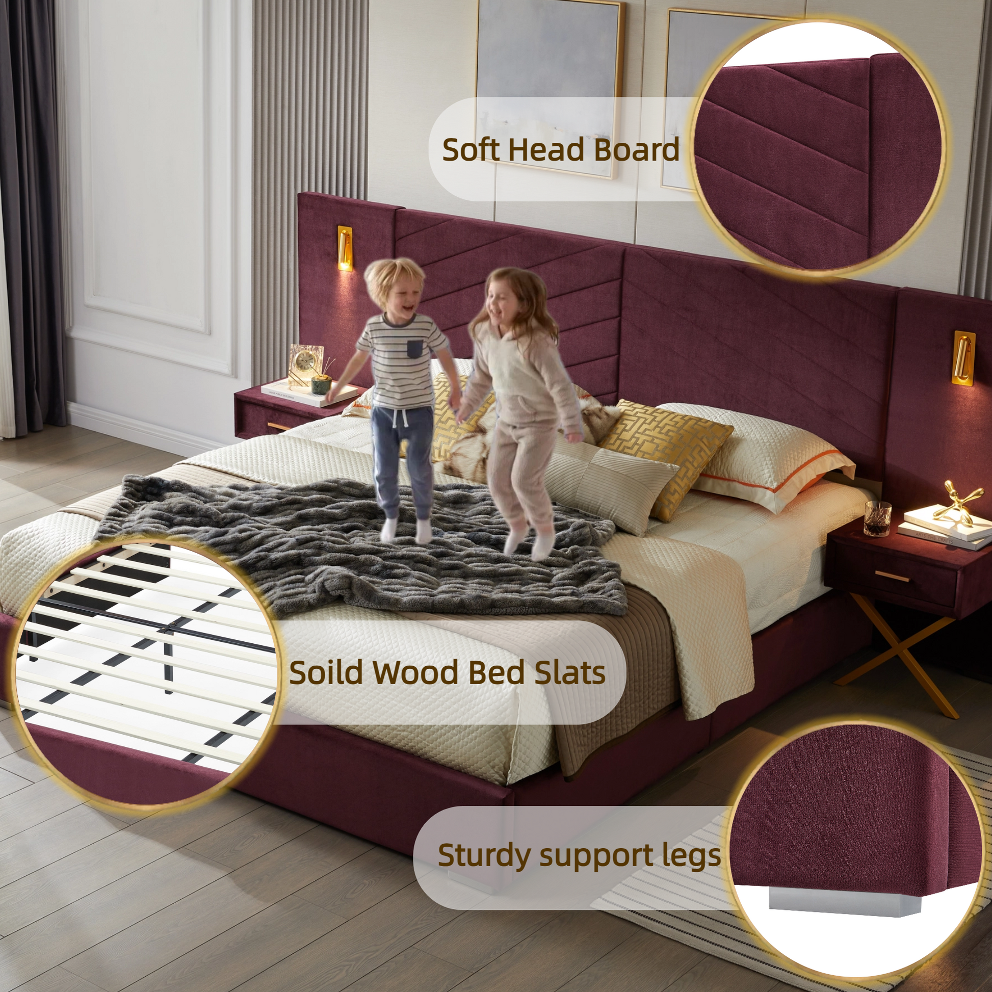 King Size Red Velvet Bed Frame - Wingback Headboard