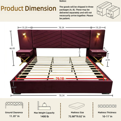 King Size Red Velvet Bed Frame - Wingback Headboard