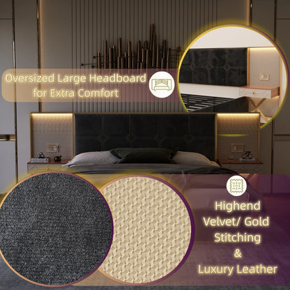 Queen Platform Bed Frame - Black Velvet Headboard, Storage Side Tables
