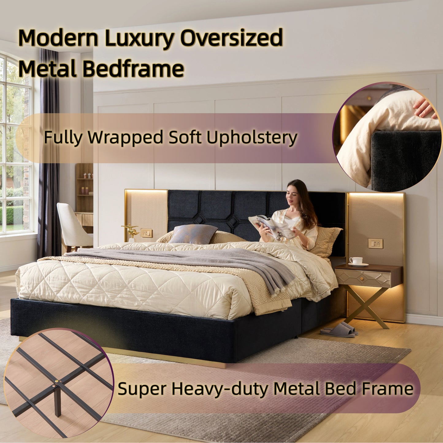 Queen Platform Bed Frame - Black Velvet Headboard, Storage Side Tables