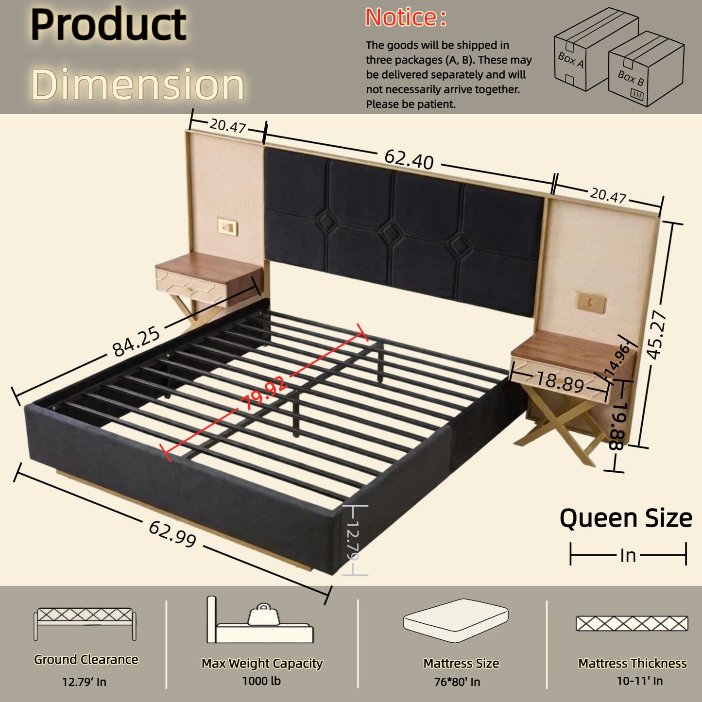 Queen Platform Bed Frame - Black Velvet Headboard, Storage Side Tables