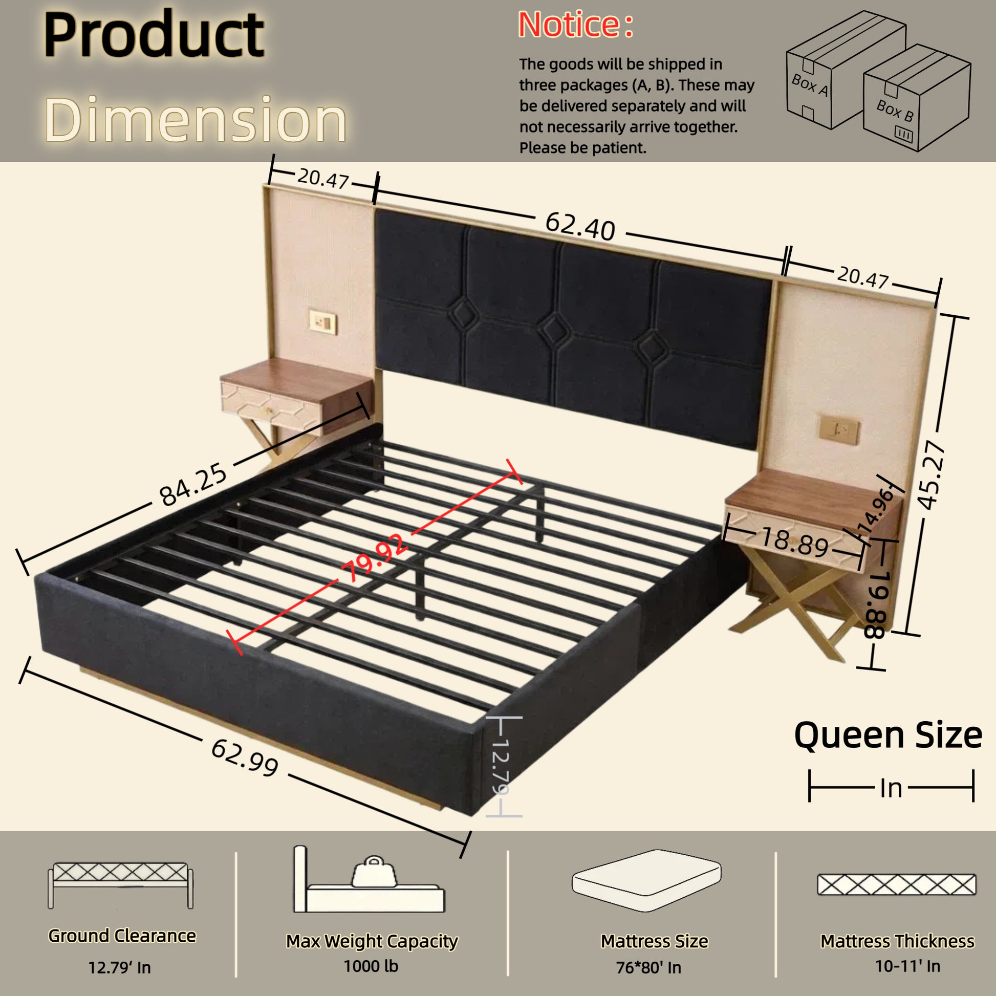 Queen Platform Bed Frame - Black Velvet Headboard, Storage Side Tables