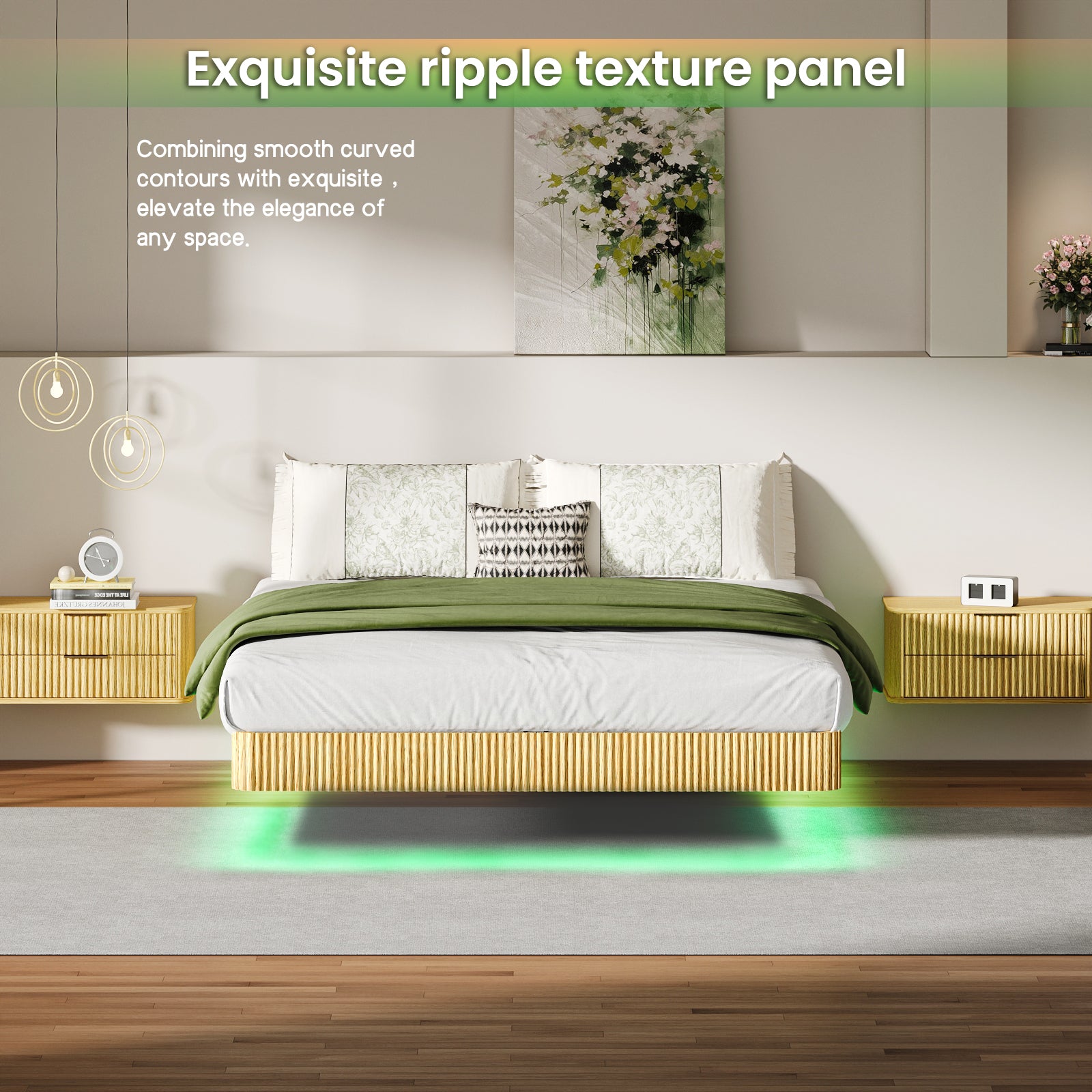 Oak Queen Floating Bed Frame with LED Lights - No Box Spring Needed