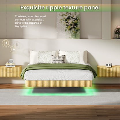 Oak Queen Floating Bed Frame with LED Lights - No Box Spring Needed