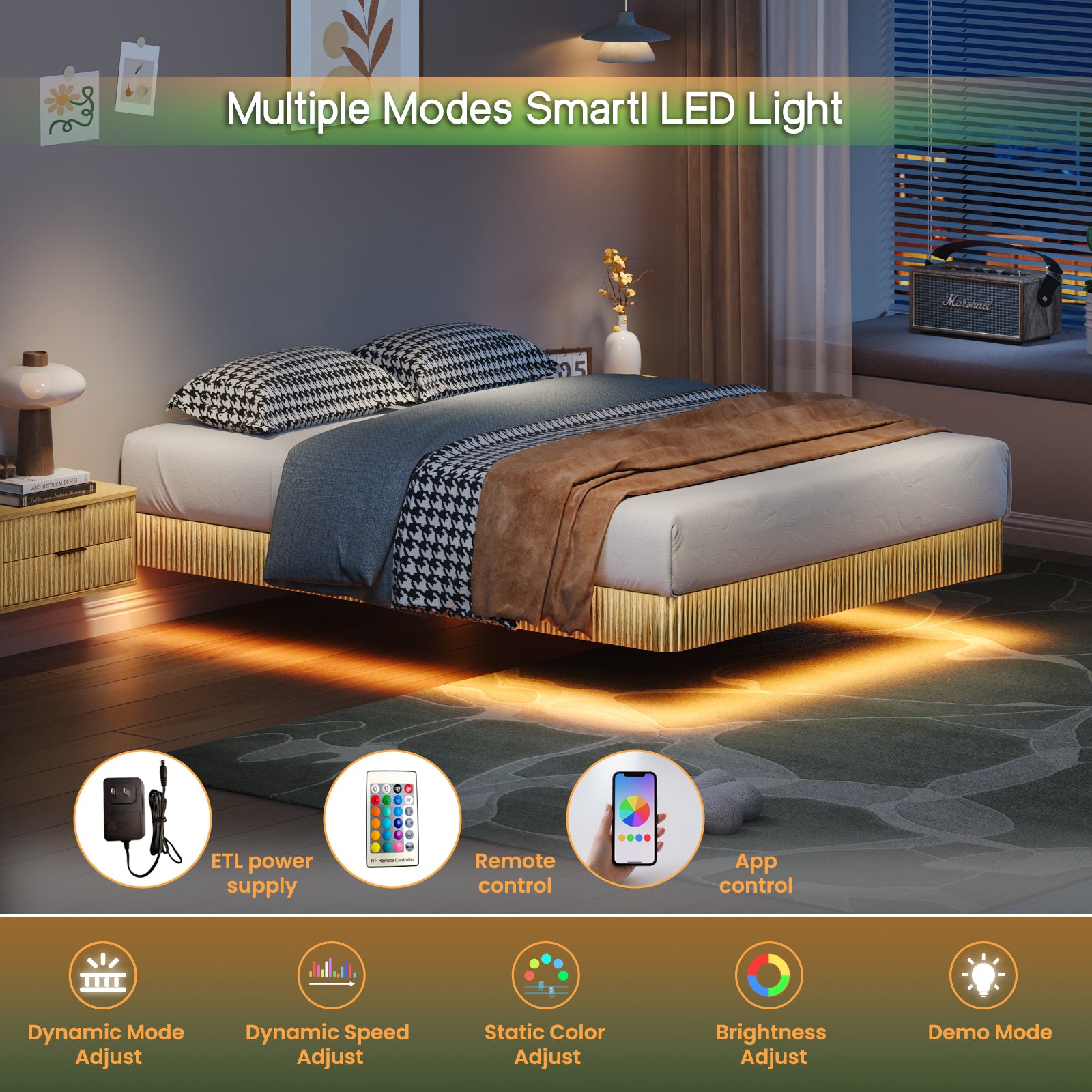 Oak Queen Floating Bed Frame with LED Lights - No Box Spring Needed