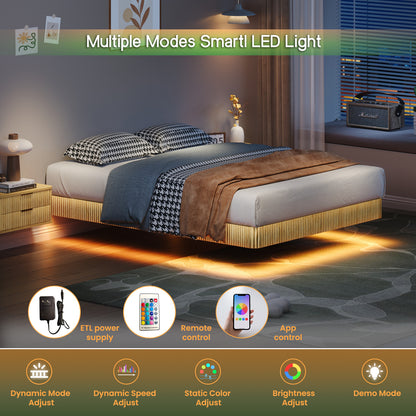 Oak Queen Floating Bed Frame with LED Lights - No Box Spring Needed