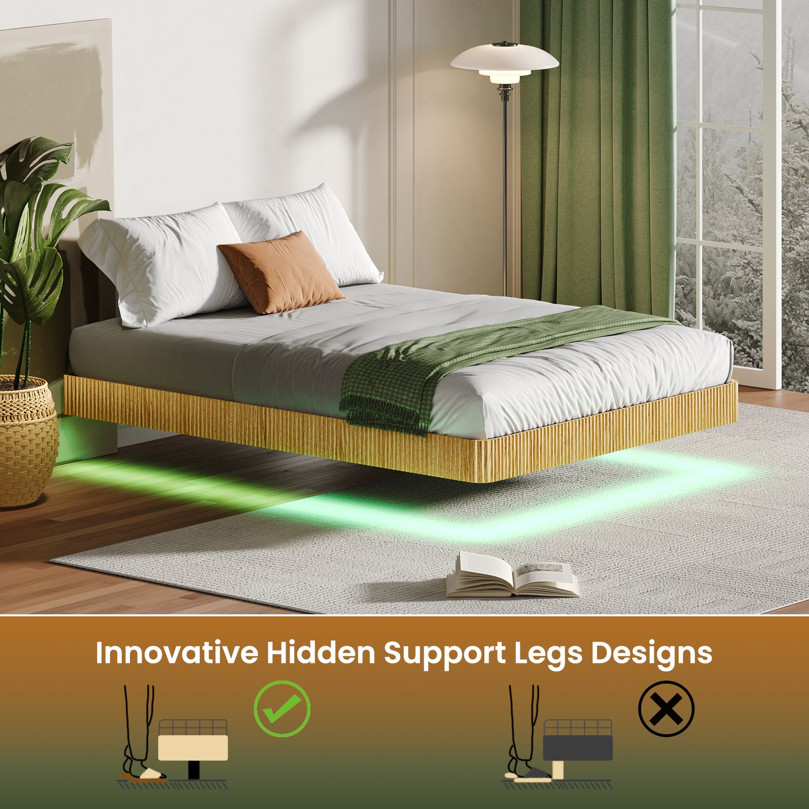Oak Queen Floating Bed Frame with LED Lights - No Box Spring Needed