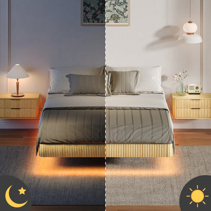 Oak Queen Floating Bed Frame with LED Lights - No Box Spring Needed
