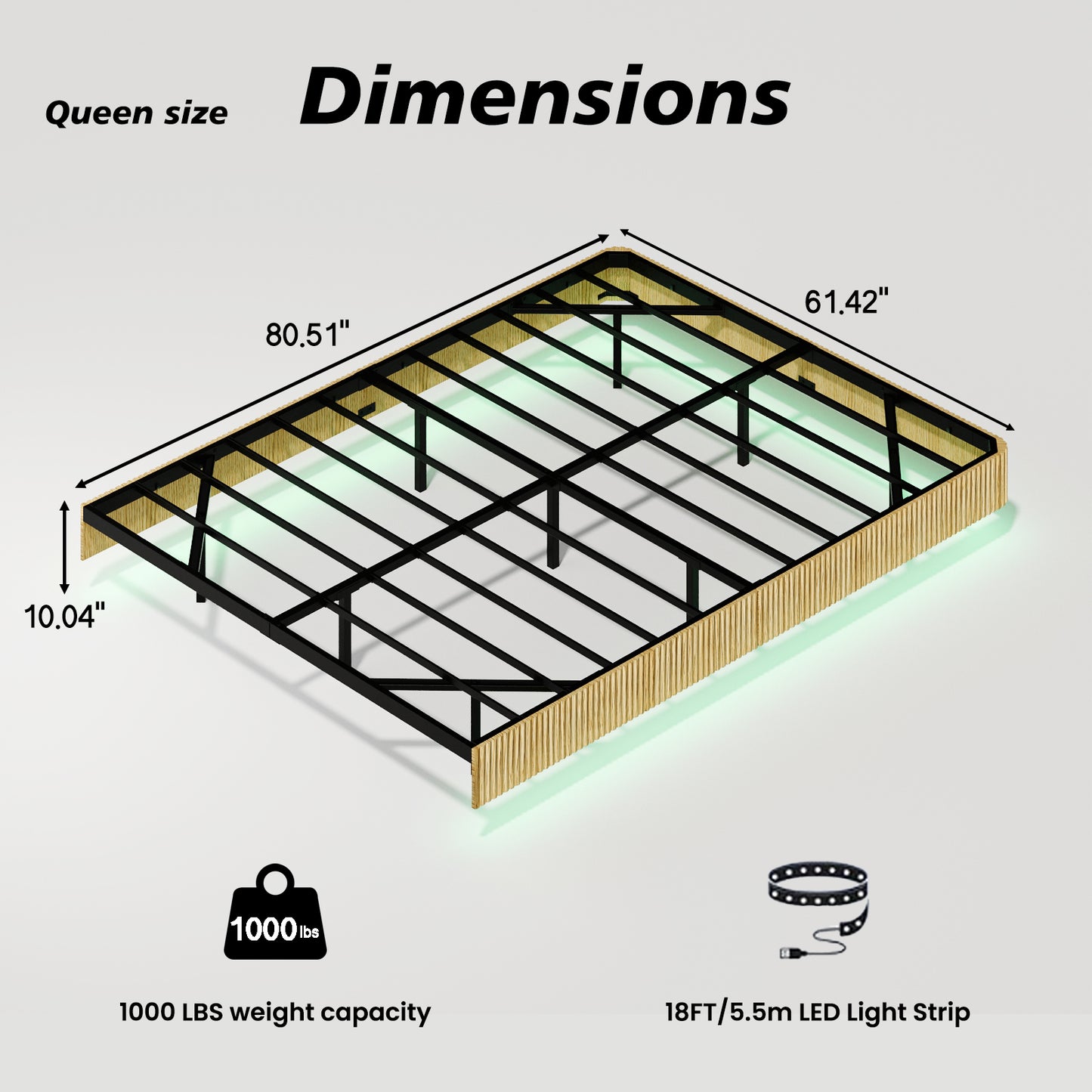 Oak Queen Floating Bed Frame with LED Lights - No Box Spring Needed