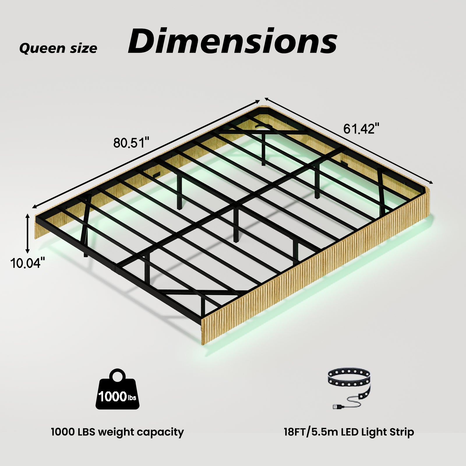 Oak Queen Floating Bed Frame with LED Lights - No Box Spring Needed