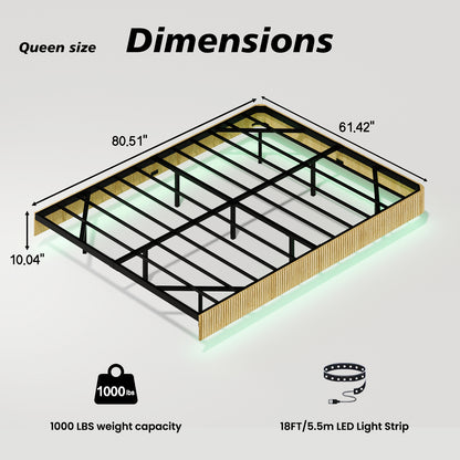Oak Queen Floating Bed Frame with LED Lights - No Box Spring Needed