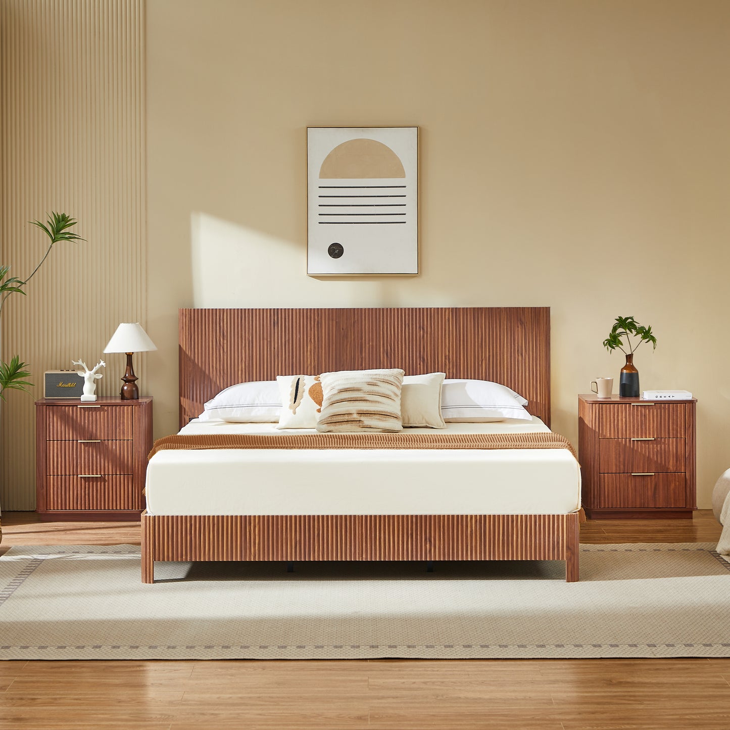 King Size Wooden corrugated curved lines,No Box Spring Needed, Walnut.