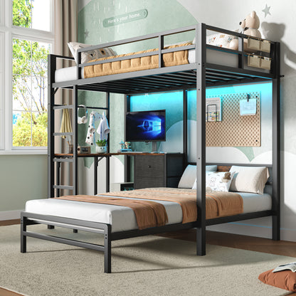Twin Size Steel Bunk Bed with Charging Station & RGB Lights for Bedroom
