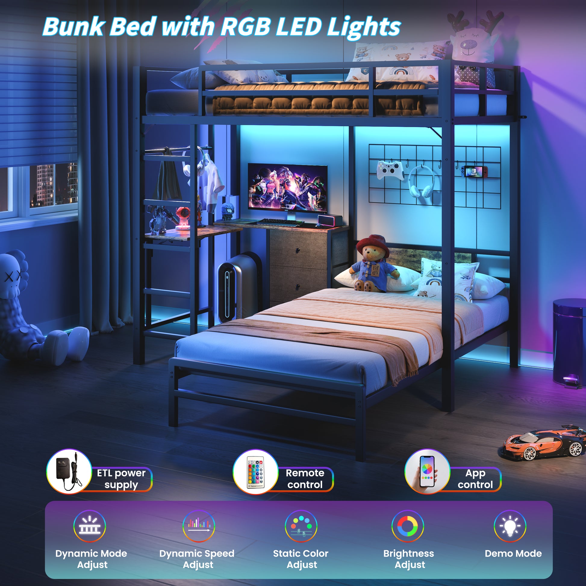 Twin Size Steel Bunk Bed with Charging Station & RGB Lights for Bedroom