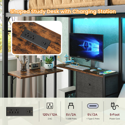 Twin Size Steel Bunk Bed with Charging Station & RGB Lights for Bedroom